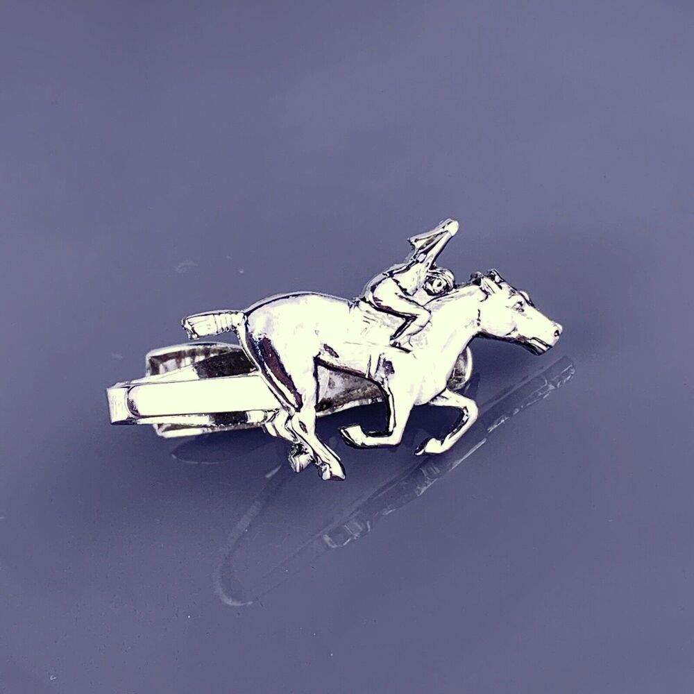 Galloping Horse Jockey Tie Clip Bar Silver Tone Racing Rider Pony Equestrian VTG